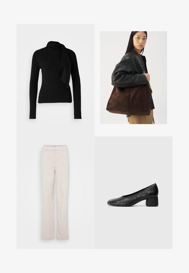 Melna ribota adīta džemperis ar augstu apkakli un sānu drapējumu. Garas piedurknes, pielāgota piegriezuma forma un teksturēta auduma izskats veido elegantu tēlu.; Gai krēmveida korduroja bikses ar taisnu kāju dizainu, kurām ir gluda tekstūra, jostu cilpas un rāvējslēdzēja aizdare ar pogas aizdari.; Melna ādas kurpe ar noapaļotu purngalu un vidēja izmēra blokkāju. Gluda tekstūra ar minimāliem dekoriem, ar delikātu elastīgu atveri.; Brūns zamša toleta soma ar plašu formu un mīkstu tekstūru, ar vienu siksniņu un minimālu aparatūru uz neitrāla fona.