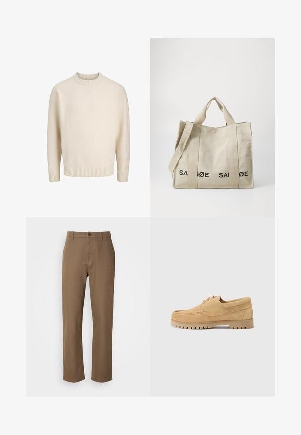 Cream cotton-blend sweater with a ribbed crew neckline, dropped shoulders, and ribbed cuffs and hem. Soft texture with a relaxed fit.; Brown, cotton trousers with a straight fit, button closure, and side pockets. Features a smooth texture and simple, unembellished design.; Tan suede shoes with a moccasin design, featuring a rounded toe, lacing, and a thick, textured rubber sole with a tread pattern.; Canvas tote bag in light beige with black printed text. Features dual handles and a detachable shoulder strap. Rectangular shape with structured design.