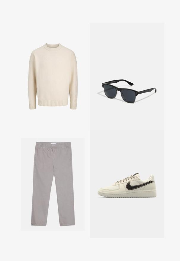 Kreemjas puuvillasegu kampsun, millel on soonikkoes kaelus, langevad õlad ja soonikhed kätised ning alumine äär. Pehme tekstuur ja mugav lõige.; Heledad hallid puuvillased püksid, millel on elastne vöökoht, kaks külgtaskut, sirge jala disain ja sile tekstuur. Lihtne õmbluse detail.; Beige nahkkingad valge kummist talla, tumepruuni Swooshi, tikitud detailide ja hallide paeltega.; Mustad mustmikrooni kujuga mustad prillid, tumedate klaasidega, hõbedased detailid templite juures ja mati viimistlusega raam.