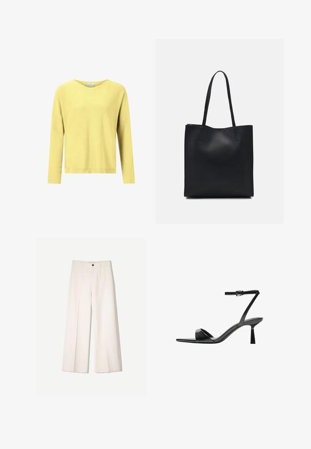 Yellow knitted sweater with a V-neck, long sleeves, and a relaxed fit. Soft texture, solid color, and no visible patterns or embellishments.; Cream wide-leg trousers with a tailored design, featuring two front pockets and a single front button closure, made from smooth fabric.; Bershka High heeled sandals - black; Black leather tote bag with smooth texture, rectangular shape, and two long handles. No visible hardware or embellishments.