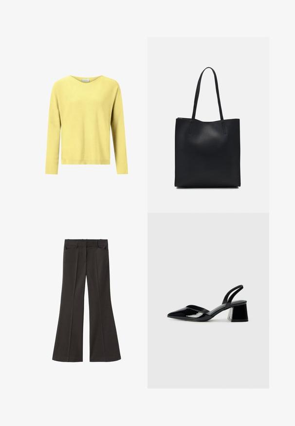Gelber Strickpullover mit V-Ausschnitt, langen Ärmeln und lockerer Passform. Weiche Textur, einfarbig und ohne sichtbare Muster oder Verzierungen.; Schwarze, weit geschnittene Hosen mit hoher Taille; verfügt über zwei Fronttaschen und eine glatte Stoffoberfläche. Geeignet für verschiedene Anlässe.; Schwarze Lackleder-Slingback-High Heels mit spitzem Schuh und einem geometrischen Blockabsatz. Verfügt über ein schlankes, minimalistisches Design und eine glatte Textur.; Schwarze Laptoptasche aus Leder mit glatter Textur, rechteckiger Form und zwei langen Griffen. Keine sichtbaren Beschläge oder Verzierungen.