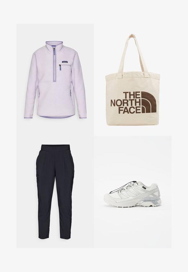 Ljuslila fleece-pullöver med kvartdragkedja, som har en dragkedjeförsedd bröstficka, texturerad tyg och kontrasterande lila detaljer vid muddar och nederkant.; Svarta tapered byxor med bred, elastisk midjeband, framveck och sidofickor. Tillverkade av ett glansigt, lätt tyg.; Vit sportskor med övre del av texturerat mesh, reflexdetaljer och en dämpad sula. Innehåller elastiska snören och grå detaljer.; Beige canvas tote bag med två handtag, med en stor mörkbrun logotekst "THE NORTH FACE" och ett halvcirkelformat designelement.