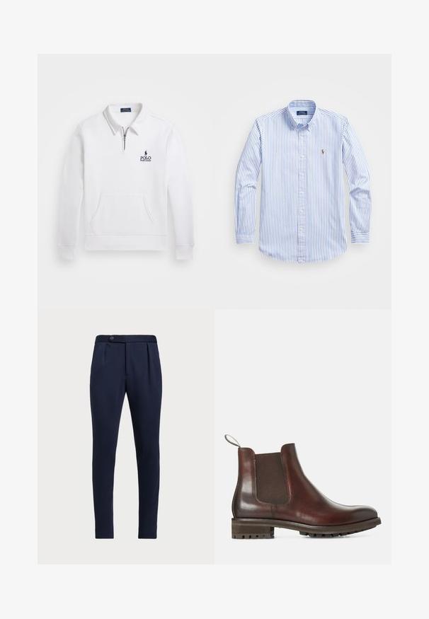 Hvit genser med kvart glidelås, frontlomme og marineblå brodert logo. Laget av myk stoff, med klassisk krage.; Lyseblå og hvitstripet skjorte med knapper, klassisk krage, lange ermer og en liten brodert logo på brystet.; Marineblå skreddersydde bukser med flat front, to frontfolder og en enkelt knappelukking, med et glatt, teksturert stoff.; Brune lær Chelsea-støvler med elastiske sidepaneler, skaft, og teksturert gummisåle. Glatt overflate med solid lav hæl.
