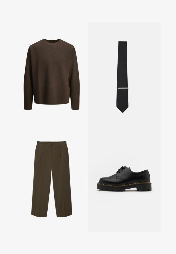 Rjav pulover z okroglim izrezom in dolgimi rokavi, izdelan iz mehke tkanine. Ima sproščen kroj in rebraste manšete.; Rjave, udobne hlače iz mehkega blaga z ravnim sprednjim delom, stranskimi žepi in gumbom za zapiranje ob pasu. Enostaven dizajn brez vzorcev.; Črne usnjene čevlje z vezalkami in zaobljenim nosom, z gumijastim podplatom in rumenim šivom okoli osnove. Ravna zasnova in gladka površina.; Črna kravata iz gladkega blaga, z ozko širino in srebrnim sponko za kravato, ki poudarja njen dizajn.; Črn platneno torba z strukturiranim, quilted vzorcem. Okrogla oblika, kratki, debeli ročaji in mehak, fleksibilen konstrukt.
