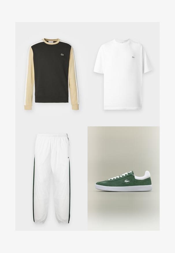 Fekete pulóver bézs és fehér ujjakkal. Kerek nyakkivágással, bordázott mandzsettákkal és egy kis zöld krokodil logóval a mellkason.; Fehér pamut póló kerek nyakkal és rövid ujjakkal. Kicsi fekete Lacoste logó látható a mellkas bal oldalán.; Fehér sportnadrág sötétzöld oldalpanelekkel. Könnyű anyagból készült, rugalmas derékkal és gumis szegéllyel. Az oldalpaneleken hálós textúra található.; Alacsony profilú zöld velúr sneaker fehér fűzőkkel, fehér talppal, párnázott sarokpánttal és hímzett krokodil logóval, rajta az "EST. 1933" felirattal.