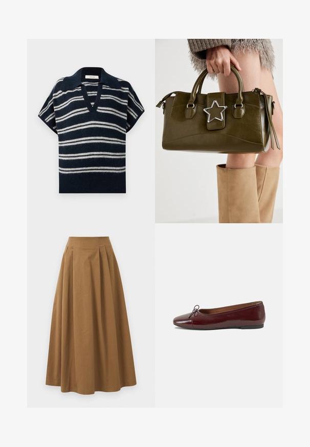 Tumesinise ja valge triibuline lühikeste varrukatega pullover V-kaelusega ja pehme, tekstuurse viimistlusega. Omab teravat kaelust. Kujundatud lõdva istuvuse jaoks.; Pruun puuvillane A-line seelik kõrge vöökohaga, millel on voldid ees ja sile tekstuur. Pika serva viimistlus on puhas ja lihtne.; Burgundi patendnahk kingad balletitüüpi, ümmarguse ninaosa, ees väike paelaaktsent ja madal must kummist tald. Sile tekstuur.; Oliivroheline kunstnahast käekott koos hõbedase tähe aktsendiga, kahe käepideme ja luku sulgemisega. Tekstuuriga pind ja struktureeritud kuju.