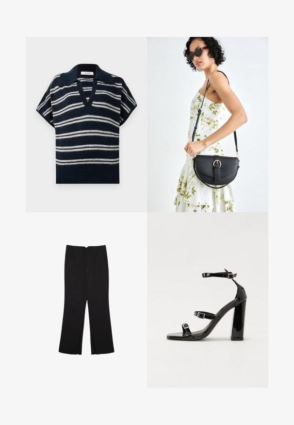 Pulover s kratkimi rokavi v mornarsko modri in beli črti z V-izrezom in mehkim, teksturiranim zaključkom. Značilna je uslonga ovratnika. Zasnovan je za sproščen kroj.; Črne hlače ravnega kroja z naglavnimi žepi in stranskimi razporki na robu. Narejene iz mehke, gladke tkanine. Primerne za različne priložnosti.; Črne lakirane sandale s peto, kvadratnim prstom, trakovi okrog gležnja in srebrnimi zaponkami. Opremljene so s stabilno Debelo peto.; Črna usnjena torbica s ukrivljeno obliko, z odstranljivo naramnico in zlatimi dodatki. Torbica ima pokrov s podrobnostmi v obliki zaponke.