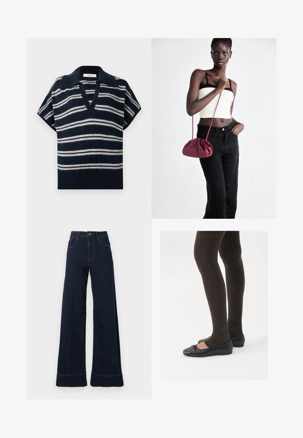 Marinblå och vit randig kortärmad tröja med V-ringning och en mjuk, texturerad yta. Har en spetsig krage. Utformad för en avslappnad passform.; Mörkblå, vida jeans med hög midja, försedda med framfickor och synlig sömnad. Tillverkade av denimtyg med en slät yta.; Svarta platta skor med en liten rosett vid tån, i kombination med mörkbruna ribbade strumpbyxor. Skorna har en slät yta och låg profil.; Burgundy mjukt tyg handväska med en samlad design och en lång rem, bärs över kroppen. Modellen bär en vit crop top och svarta jeans.