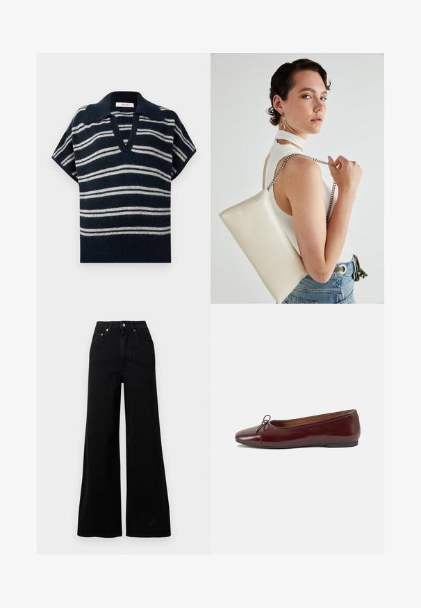 Pull en V à manches courtes rayé bleu marine et blanc avec une finition douce et texturée. Comprend un col pointu. Conçu pour un ajustement décontracté.; Jeans larges noirs en denim, avec une taille haute, cinq poches, une fermeture à boutons sur le devant, et des détails de couture minimaux.; Ballerines en cuir verni bordeaux avec un bout rond, un petit nœud décoratif à l'avant et une semelle en caoutchouc noire basse. Texture lisse.; Pochette rectangulaire blanche en matériau brillant, avec une bandoulière en chaîne argentée. Le modèle pose en mettant en valeur le sac contre un fond uni.