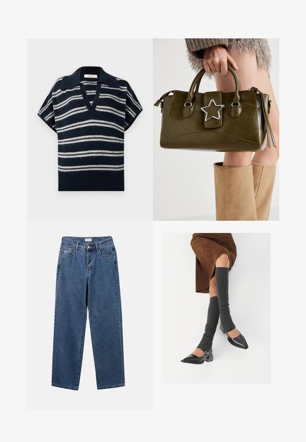Navy blue ja valge triibuline lühikeste varrukatega pullovärk V-kaelusega ja pehme, tekstureeritud pinnaga. Omab teravat krae. Kujundatud mugavuseks.; Classiset siniset farkut suoran lahkeen muotoilulla, viidellä taskulla ja napillakaan. Ominaisuudet: keskivahva pesu ja kestävä rakenne.; Musta lakattu nahkakengät teräväkärkisillä, leveällä kantapäällä ja nilkkahihnalla, yhdistettynä harmaisiin ribattuihin säärystimiin ja ruskeaan mokkasiinimekkoon.; Vihreä oliivinvärinen mokkanahkainen käsilaukku, jossa on hopeinen tähti koristeena, kaksinkertaiset kahvat ja vetoketjusulku. Teksturoitu pinta ja rakenteellinen muoto.