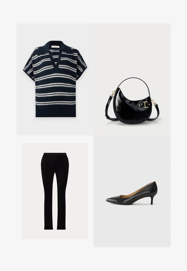 Tengerész-kék és fehér csíkos, rövid ujjú pulóver V-nyakkal és puha, texturált felülettel. Harang alakú gallérral rendelkezik. Lazább fazonra lett tervezve.; Fekete nadrág sima, bársonyos anyagból. Testre szabott fazon, egyenes lábbal, hagyományos derékrésszel és övhurkokkal.; Fekete bőrpumpa hegyes orral, alacsony sarokkal és sima felülettel. Elöl enyhe nyílással rendelkezik, hátul pedig minimális részletezéssel.; Fekete lakkbőr kézi táska, ívelt formával, állítható pánttal és aranyszínű fém részletekkel az oldalon. Simább, fényes felület.