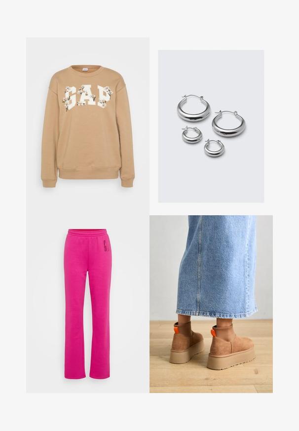Světle hnědá mikina s nápisem "GAP" v silných bílých písmenech zdobená květinovými akcenty. Dlouhé rukávy s žebrovanými manžetami a lemem. Oblečení v ležérním stylu.; Růžové tepláky s elastickým pasem, rovný střih nohou a velkým potiskem "G" na levém stehně. Měkká tkanina z bavlněné směsi.; Hnědé semišové platformové boty s elastickými bočními panely a oranžovými poutky, spárované s sukní z jasného denimu ke kolenům na dřevěné podlaze.; Čtyři páry stříbrných kroužkových náušnic různých velikostí: velké hladké kruhy a menší zaoblené styly s leštěným povrchem a jednoduchými sponami.