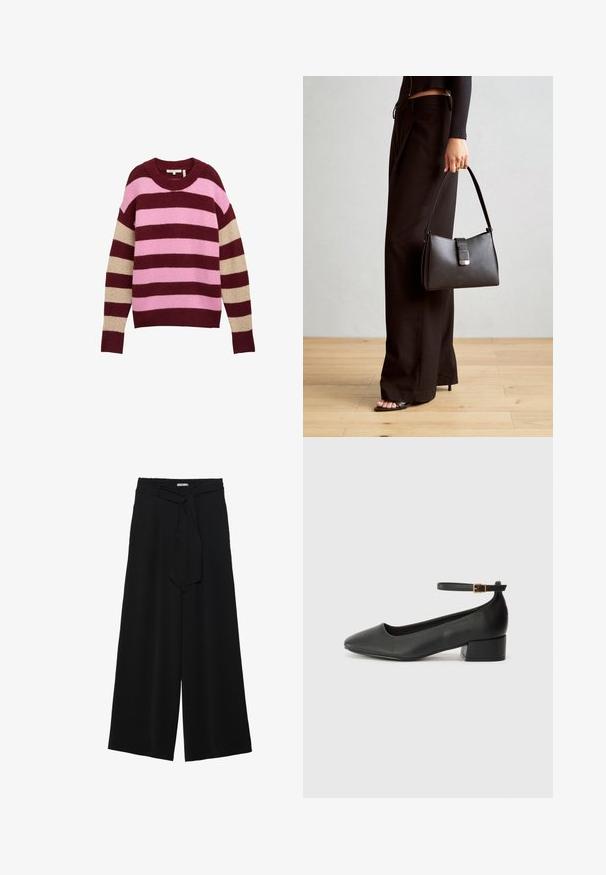 Sweter w paski w kolorach bordo, różowym i beżowym, wykonany z miękkiego materiału, z okrągłym dekoltem i długimi rękawami z naprzemiennie zmieniającymi się kolorami.; Czarne spodnie szerokie z teksturowanej tkaniny, z elastycznym paskiem w talii i odpinanym paskiem w talii dla regulowanego dopasowania.; Czarne skórzane szpilki z ostrym noskiem i niskim słupkowym obcasem. Wyposażone w pasek na kostkę z złotym zapięciem. Gładka tekstura.; Czarna torebka o usztywnionym kształcie, gładkiej fakturze i metalowym zapięciem. Połączona z szerokimi czarnymi spodniami i sandałami na otwartym palcu na drewnianej podłodze.