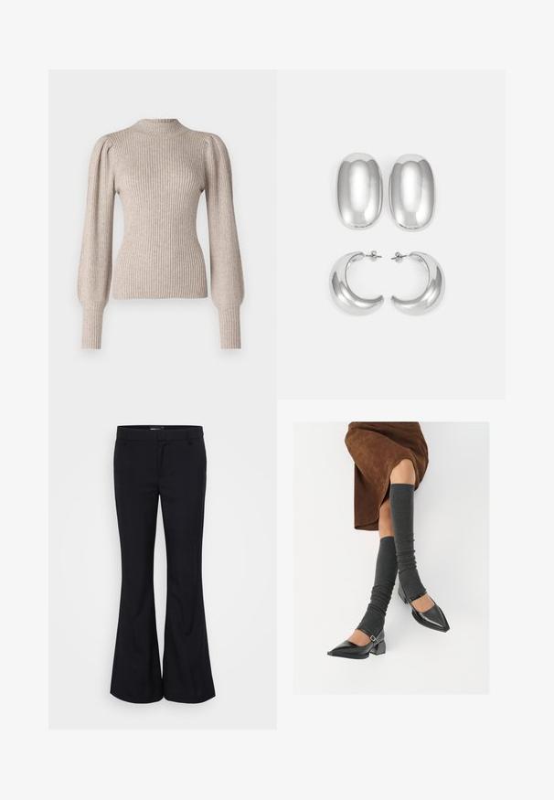 ONLY Tall ONLKATIA - Maglione - mocha meringue; Gina Tricot Tall RELAXED TROUSERS - Pantaloni - black; Scarpe nere in pelle verniciata con punta affilata, tacco a blocco e cinturino alla caviglia, abbinate a scaldamuscoli grigi a coste e una gonna in suede marrone.; Set di orecchini argento: due orecchini a bottone ovali e due orecchini a cerchio a forma di mezzaluna, caratterizzati da una finitura lucida e liscia e un design arrotondato.