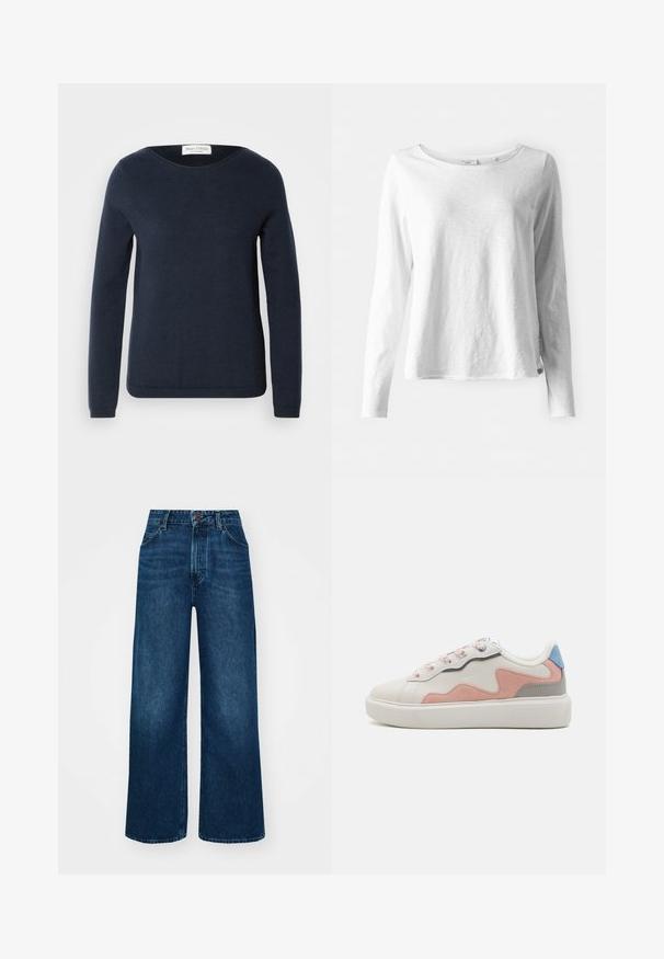 Sötétkék, hosszú ujjú pulóver, puha anyagból készült, kerek nyakkivágással és bordázott szegélyekkel és mandzsettákkal a testhez simuló megjelenésért.; Hosszú ujjú, fehér póló puha, könnyű anyagból; kerek nyakkal és enyhén laza szabással rendelkezik; címke látható az oldalon.; Magas derekú, széles szárú farmernadrág sötétkék denimből, sima tapintással, kontrasztos varrással és öt zsebes kialakítással. Elöl gombos záródás.; Alacsony szárú sportcipők, fehér szintetikus felsőrésszel, rózsaszín és szürke velúrbetétekkel, texturált fehér gumitalppal és színes fűzőkkel.