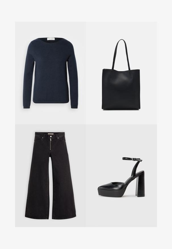 Mornaricko plavi pulover dugih rukava od mekog materijala, s okruglim izrezom i rebrastim donjim dijelom i manžetama za prilagođeni izgled.; Široke traperice od crnog denima s prednjim zatvaračem, dizajnom s pet džepova i suptilnim detaljima šivanja. Glatka tekstura i ležeran stil.; Crne platforme s potpeticom s oštrim vrhom i podešivom naramenicom. Izrađene od glatke kože, s masivnom blok petom.; Crna kožna torba za nošenje s glatkom teksturom, pravokutnim oblikom i dvije duge ručke. Nema vidljivih metalnih dijelova ili ukrasa.