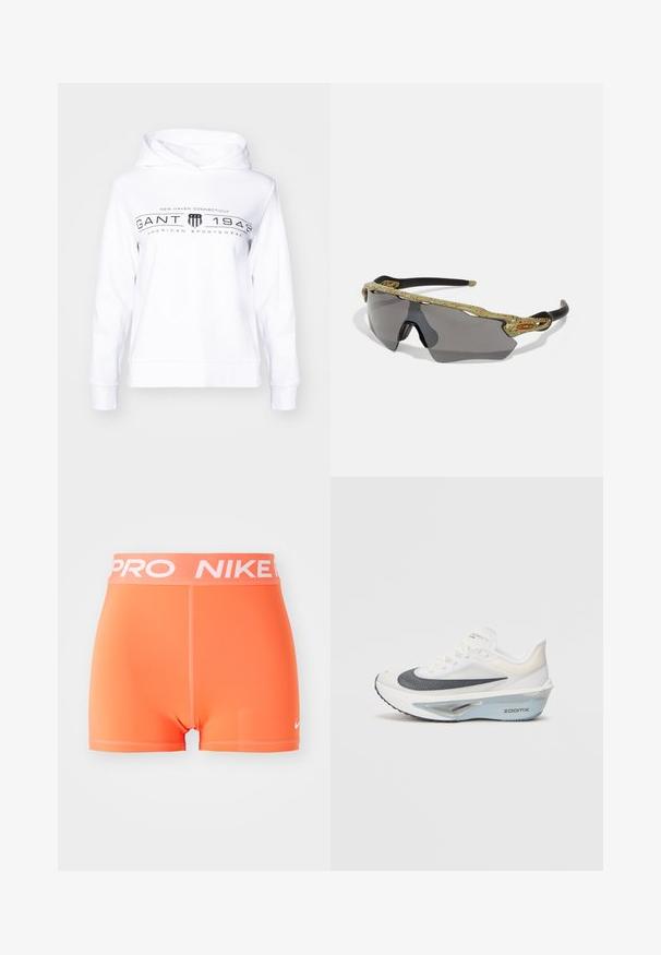 Weißer Kapuzenpullover mit einem Frontgrafikdesign, das "GANT 1949", Streifen und ein Wappenlogo zeigt. Aus weichem Stoff gefertigt und mit einer lässigen Passform.; Nike Pro Shorts in leuchtendem Orange. Hergestellt aus einem glatten, dehnbarem Material mit einem weißen Logo und Schriftzug am Bund. Besitzt ein minimalistisches Design.; Weißer Laufschuh mit einem atmungsaktiven Mesh-Obermaterial, blauen Akzenten und einem markanten Zwischensohlen-Design, das ein sichtbares Dämpfungssystem aufweist.; Sportsonnenbrille mit einem grünen gemusterten Rahmen, schwarzen Bügeln und grauen Gläsern. Das Design verfügt über eine Wraparound-Form mit einer auffälligen, sportlichen Silhouette.