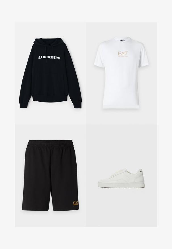 Črna kapuca iz mehkega materiala, z žepom v obliki kenguruja, kapuco s vrvico in drznim belim logotipom spredaj.; Bela bombažna majica s krožnim izrezom in kratkimi rokavi, s pozlačenim logotipom EA7 Emporio Armani natisnjenim spredaj.; Črne športne kratke hlače iz mehkega blaga, z elastičnim pasom in majhnim rumenim logotipom EA7 na spodnjem levem delu noge.; Bela usnjena športna obutev z gladko površino, okroglo prst, ravne vezalke in teksturiran podplat. Ima diskretno logo na peti.