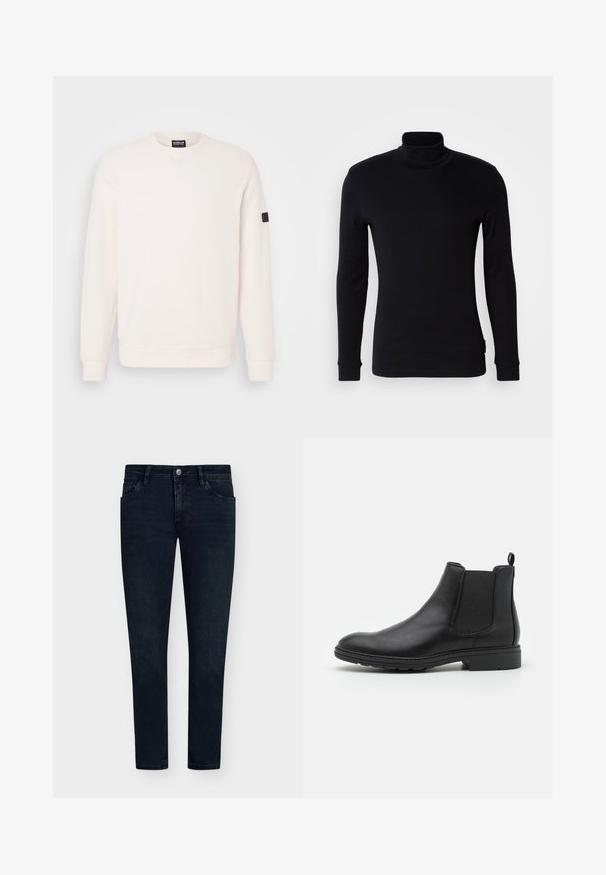 Sweatshirt crème clair en coton doux, avec un col rond, des manches longues, des poignets côtelés, et un petit patch logo sur la manche gauche.; Chandail noir à manches longues et col roulé en tissu doux. Présente un design ajusté avec des poignets côtelés et une texture lisse. Pas de motifs ni de logos.; Jean en denim bleu foncé avec une coupe ajustée, design à cinq poches, fermeture à bouton et léger délavage. Pantalon à l'avant plat et jambes étroites.; Bottines Chelsea en cuir noir avec des panneaux élastiques sur les côtés et une languette, présentant un bout arrondi et une semelle en caoutchouc texturée.