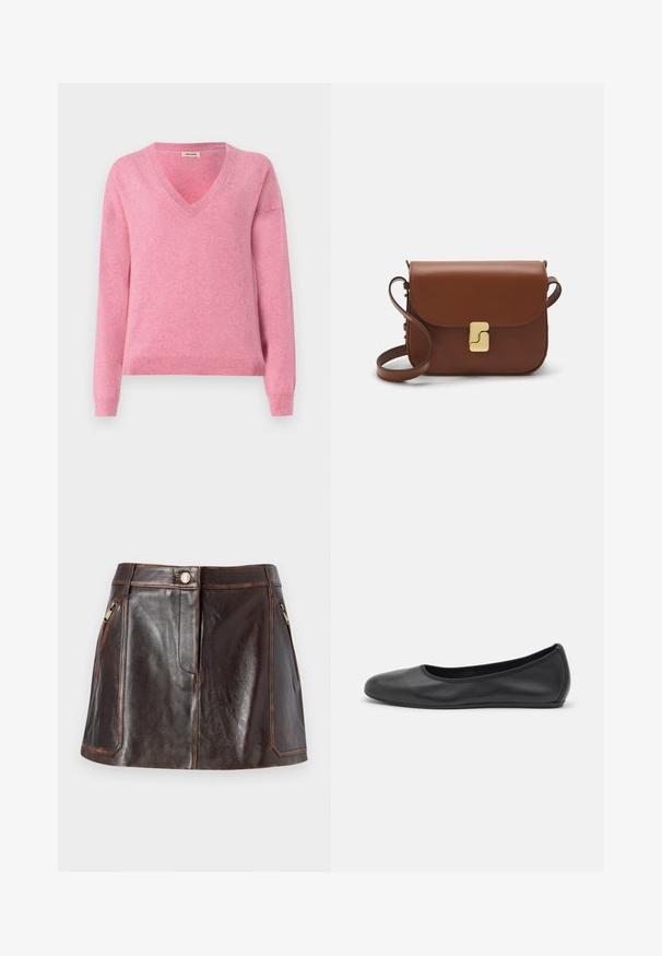 Pink v-neck sweater made of soft fabric, featuring long sleeves and a ribbed hem. Simple design with a smooth texture and slight stretch.; White short-sleeve t-shirt made of ribbed fabric. Round neckline, regular fit, and subtle stitching details. No patterns or graphics.; Brown leather mini skirt featuring a sleek design, two zippered side pockets, and contrasting stitching along the edges.; Black leather ballet flat with a rounded toe, smooth texture, minimal stitching detail, and a flexible sole design.; Brown leather handbag with a flap closure, gold-tone hardware, a shoulder strap, and a smooth texture. Compact rectangular shape.