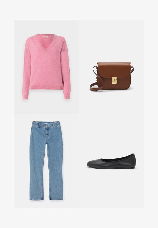 Roosa V-kaelusega kampsun, mis on valmistatud pehmest kangast, omab pikki varrukaid ja soonikkoes äärist. Lihtne disain sujuva tekstuuri ja kerge elastsete omadustega.; Valge lühikeste varrukatega T-särk ribatud kangast. Ümara kaelusega, tavalisest sobivusest ja peente õmbluse detailidega. Ilma mustrite või graafikateta.; Heledad hall sinise sirge jala teksapüksid, nööbi ja luku sulgemisega, vöörihmadega ja standardõmblustega valgel taustal.; Musthave mustika tantsutossud mustast nahast, ümmarguse varbaga, siledast tekstuurist, minimaalse õmblusdetailiga ja paindliku tallakujundusega.; Pruunist nahast käekott, millel on klapiga sulgur, kuldne riistvara, õlarihm ja sile tekstuur. Kompaktne ristkülikukujuline vorm.