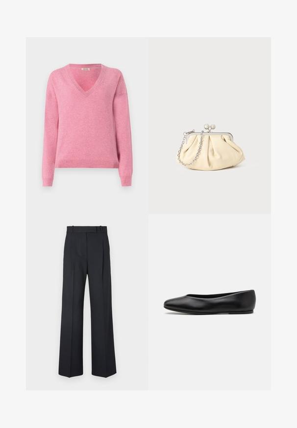Pink v-neck sweater made of soft fabric, featuring long sleeves and a ribbed hem. Simple design with a smooth texture and slight stretch.; Dark blue pinstriped trousers with a high waist, wide leg design, and no visible hardware or embellishments. Smooth texture and tailored fit.; Paul Smith TOPANGA - Ballet pumps - black; Pleated beige leather clutch with a silver metal frame, featuring two round decorative clasps and a silver chain strap.