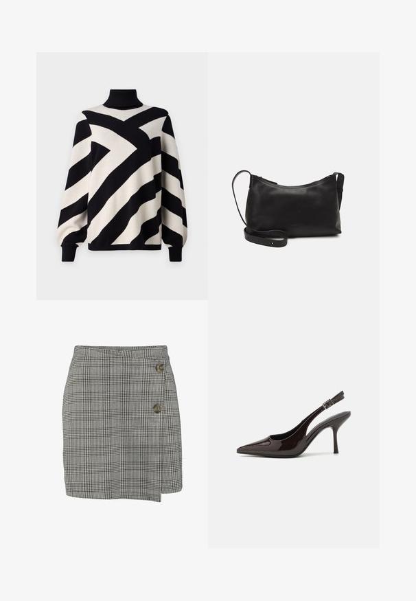 Object OBJRAY ROLL NECK - Strickpullover - black; Karierte Wickelrock in Schwarz und Weiß, mit leichtem Textur, zwei dekorativen Knöpfen an der Seite und einem asymmetrischen Saum.; Slingback-Pumps aus glänzendem dunklen braunen Lackleder, mit spitzer Zehenpartie, offenen Seiten und verstellbarem Knöchelriemen.; Schwarze Ledertasche für die Schulter mit glatter Textur, geschwungener Form, verstellbarem Tragegurt und Reißverschluss. Minimalistisches Design ohne Verzierungen.