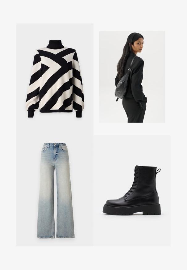 Object OBJRAY ROLL NECK  - Jumper - black; Light blue wide-leg jeans made of denim, featuring a high waist, five pockets, and visible stitching along the seams.; Black leather ankle boots with a round toe, lace-up front, and a thick rubber sole featuring a textured tread. Pull tab at the back.; Woman with long dark hair wearing a black suit, carrying a black leather shoulder bag, looking over her shoulder against a white background.