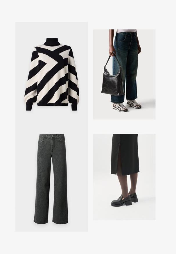 Object OBJRAY ROLL NECK - Strikkegenser - black; Vide ben jeans i mørkegrå denim, med en subtil zebra-mønster tekstur, kontrast søm, og fem lommer med knappestol. ; Sorte lærersko med rund tå, tykk blokkheel og elastiske sideaksenter, sammen med mørke strømpebukser og et svart skjørt med splitt.; Sort skinnveske med en glatt tekstur og justerbar stropp, kombinert med falmede vide jeans og atletiske sneakers.