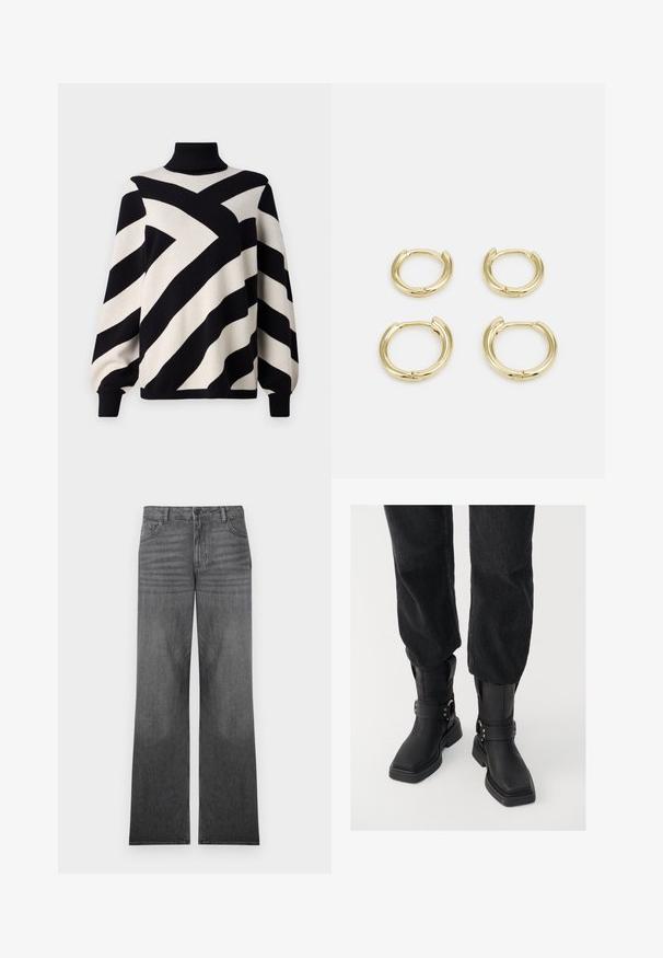 Object OBJRAY ROLL NECK - Džemperis - black; Pelēki džinsi ar plašu kāju griezumu un vidējo mazgāšanu, ar piecu kabatu dizainu, priekšējo pogu aizdari un smalku šuvju detalizāciju.; Melnas ādas potīšu zābaki ar kvadrātveida purngalu, ar plašu jostu un metāla sprādzi. Zābakiem ir masīva zole un gluda virsma.; Zelta gredzenu auskari, četri gabali, gluda virsma, noapaļota forma, dažādu izmēru, ar eņģu aizdari ērtai valkāšanai.