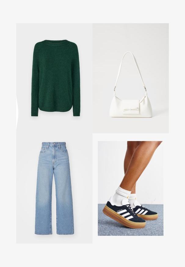 Groene gebreide trui met een ronde halslijn, lange raglanmouwen en een licht gebogen zoom. Zachte textuur en gemiddelde dikte, zonder zichtbare patronen.; Lichtblauwe high-waist wijde jeans met een knoop- en ritssluiting aan de voorkant, voor- en achterzakken, op een witte achtergrond.; Zwarte suède sneakers met witte strepen en accenten, ronde neus, gum rubberen buitenzool, gecombineerd met witte geribbelde crewkousen.; Witte synthetische handtas met een driehoekige vorm, platte voorklep en strikdetail, verstelbare schouderriem, gladde textuur en minimalistisch ontwerp.
