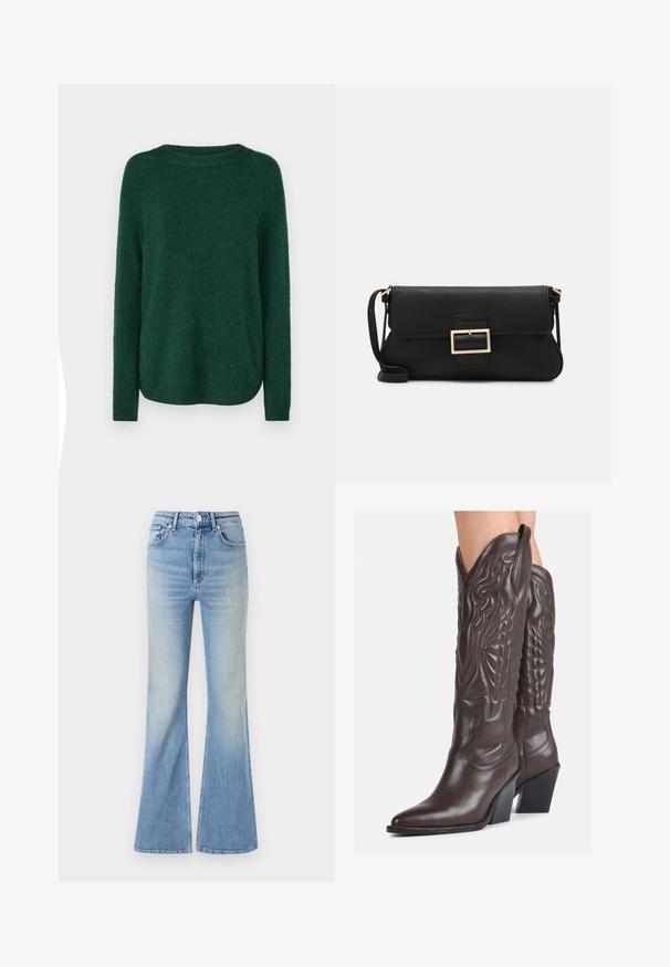 Jersey verde de punto con escote redondo, mangas largas tipo raglán y un dobladillo ligeramente curvado. Textura suave y grosor medio, sin patrones visibles.; Jeans acampanados de color azul claro, hechos de mezclilla, con una cintura alta, diseño de cinco bolsillos y un ligero degradado que va hacia el dobladillo.; Botas de vaquero de cuero marrón con punta afilada y tacón cuadrado, que presentan costuras detalladas y acentos elevados en el caño.; Bolso de mano de cuero negro con una solapa y un detalle de hebilla de metal dorado. Incluye una correa negra y un diseño elegante y minimalista.; Pendientes de aro de plata con diseño retorcido, que presentan un acabado pulido y cierre de presión. Miden aproximadamente 3 cm de diámetro.