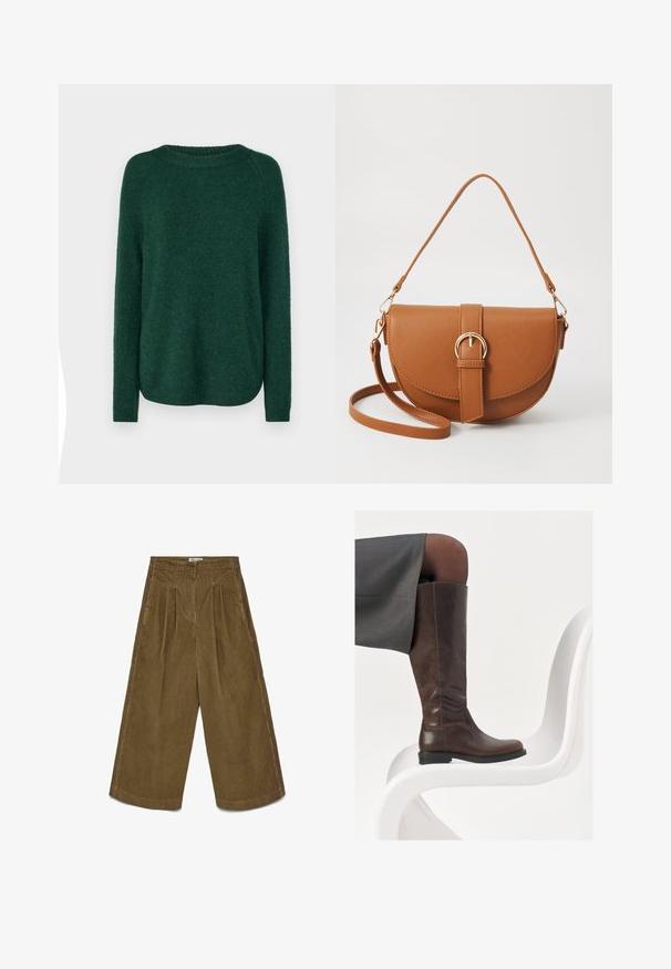 Zelený pletený svetr s kulatým výstřihem, dlouhými raglánovými rukávy a mírně zakřiveným spodním lemem. Měkká textura a střední tloušťka, žádné viditelné vzory.; Hnědé široké kordové kalhoty s vysokým pasem, předními sklady, bočními kapsami a zapínáním na knoflík.; Hnědá kožená kotníková bota s rounded toe, hladkou texturou a minimálními švy, umístěná na světlém pozadí na bílé židli.; Hnědá kožená křížová taška s zakřiveným tvarem, zlatými detaily a akcentem s přezkou. Obsahuje odnímatelný popruh na rameno.