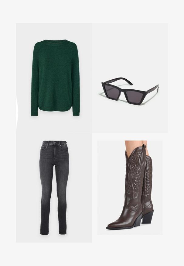 Pull en jersey vert avec un col rond, de longues manches raglan et un ourlet légèrement courbé. Texture douce et épaisseur moyenne, sans motifs visibles.; Jean skinny taille haute en denim gris foncé, texture lisse, avec poches avant et bouton en métal à la taille.; Bottes de cowboy en cuir marron avec un bout pointu et un talon bloc, présentant des coutures détaillées et des accents en relief sur la tige.; Lunettes noires angulaires avec des verres gris ; fabriquées en plastique, avec des branches épaisses à la surface lisse et sans matériel visible.; Boucles d'oreilles en argent au design minimaliste. Forme circulaire, texture lisse et profil fin. Légères avec une finition polie.