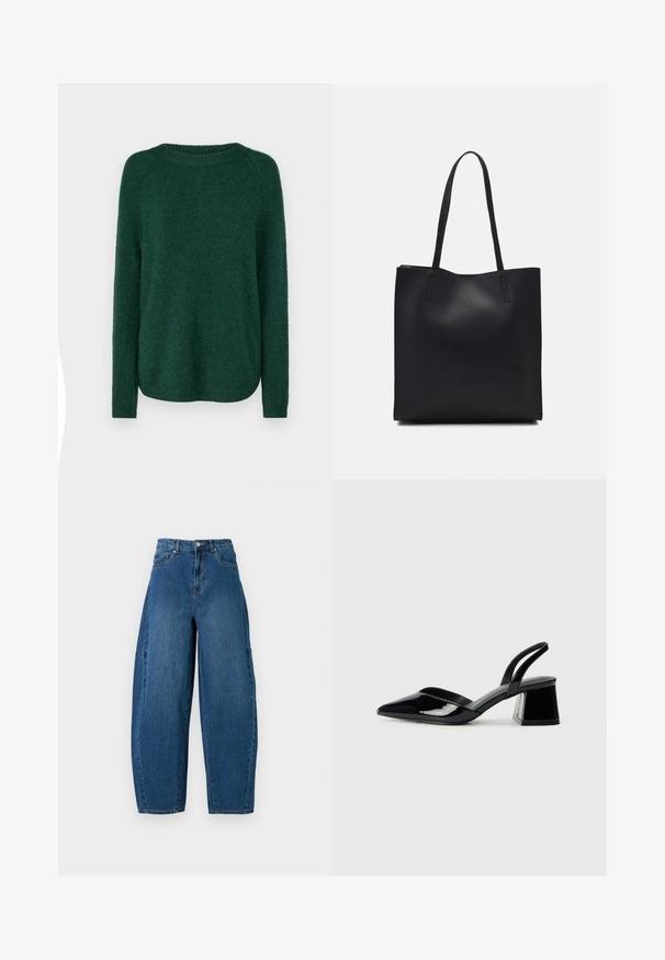 Green knit sweater with a round neckline, long raglan sleeves, and a slightly curved hem. Soft texture and medium thickness, no visible patterns.; Denim jeans in a medium blue wash, featuring a high waist, wide leg cut, and standard five-pocket design with visible stitching details.; Black patent leather slingback heels with a pointed toe and a geometric block heel. Features a sleek, minimal design and smooth texture.; Black leather tote bag with smooth texture, rectangular shape, and two long handles. No visible hardware or embellishments.