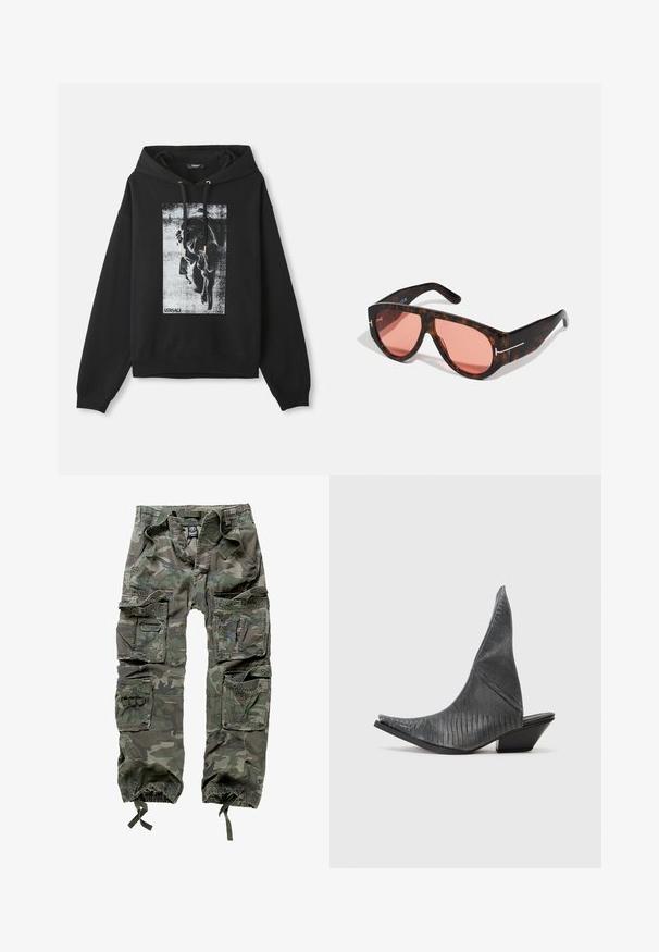 Hoodie nera in cotone, caratterizzata da una stampa grafica di un profilo in grigio e bianco, con accessori per stringere in tono oro.; Pantaloni cargo mimetici in cotone, dotati di numerose tasche, polsini elasticizzati e una vestibilità ampia con vita regolabile tramite cordino.; Mule nere con tacco alto e punta affusolata, caratterizzate da una texture a motivo serpente. Presentano un tacco triangolare basso e un design superiore curvo e liscio.; Occhiali da sole tartarugati con lenti rosa, caratterizzati da un audace design angolare e sottili dettagli in metallo argentato sulla montatura.