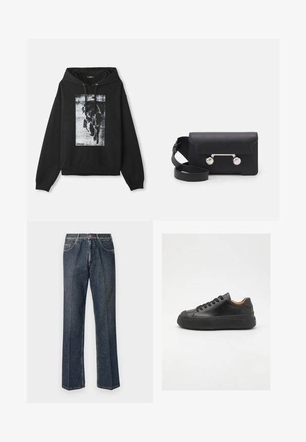 Czarny hoodie wykonany z bawełny, z graficznym nadrukiem profilu w szaro-białych odcieniach, z złotymi dodatkami przy sznurku.; Ciemnoniebieskie dżinsy prostego kroju z przodu na guzik, z suwakiem, podwójnymi kieszeniami z przodu oraz widocznymi pionowymi zmarszczeniami na nogawkach.; Czarne skórzane trampki z okrągłym noskiem, sznurowanym przodem, gładką teksturą, grubą gumową podeszwą i kontrastującym, tanowym wnętrzem.; Czarna skórzana torba na ramię z klapką, z metalowymi elementami w srebrnym kolorze i dwoma okrągłymi akcentami. Posiada odczepiany pasek. Gładka faktura.