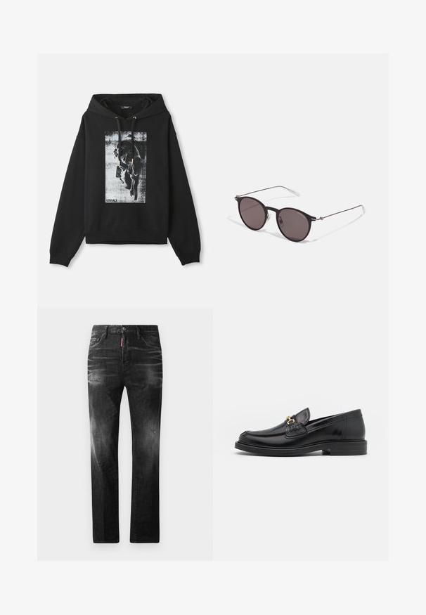 Zwarte hoodie van katoen, met een grafische print van een profiel in grijs en wit, met goudkleurige trekkoordhardware.; Zwarte denim jeans met een rechte pasvorm. Beschikt over vervaagde gebieden, lichte slijtage, klassiek vijf-pocket ontwerp en een knoopsluiting.; Zwarte leren instappers met een ronde neus, voorzien van een gouden hardware accent en stikdetails, geplaatst op een lage, getextureerde rubberen zool.; Zwarte ronde zonnebril met donkere lenzen en slanke metalen armen. Inclusief heldere tempelpunten en zilveren accenten bij de scharnier. Minimalistisch ontwerp.