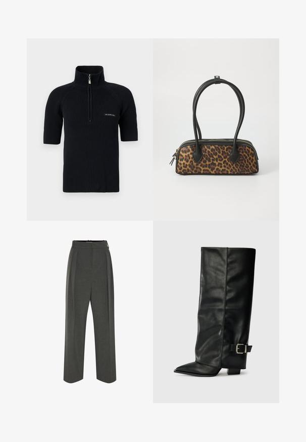 Czarny, prążkowany, krótkosłowy top z wysokim kołnierzem i częściowym zamkiem błyskawicznym. Posiada naszywkę z logo w dolnej lewej części.; Szare spodnie o szerokich nogawkach wykonane z fakturowanej tkaniny, z wysokim stanem i plisami z przodu. Projekt obejmuje gładki pas bez widocznych zapięć.; Czarne skórzane botki do kostek z ostrym noskiem, gładką fakturą i srebrnym zapięciem z boku. Gruby kwadratowy obcas.; Torebka w leopardzi wzór z czarnym podstawą z ekoskóry, podwójnymi uchwytami u góry, złotym zamkiem błyskawicznym i akcentowanymi czarnymi klapami z ekoskóry. Prostokątny kształt.