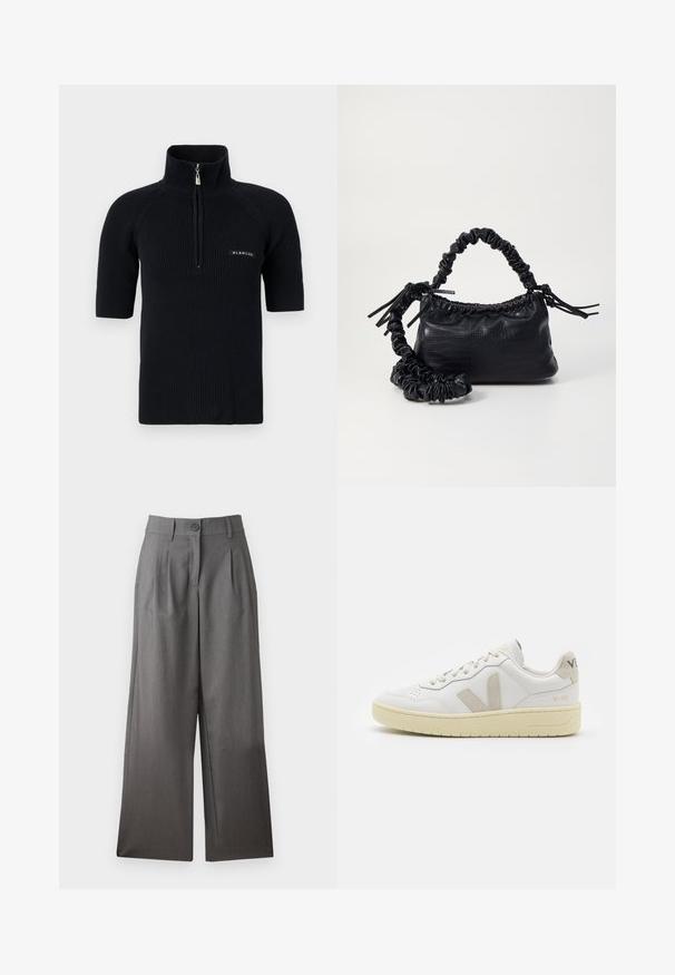 Schwarzes, geripptes Strickoberteil mit kurzen Ärmeln, hohem Kragen und teilweisem Reißverschluss. Mit einem Logo-Patch auf der unteren linken Seite.; Weite Hosen aus dunkelgrauem Stoff, mit Knopfverschluss, Falten an der Vorderseite und glatter Textur. Keine sichtbaren Muster oder Akzente.; Weiße Ledersneaker mit beigen Wildlederakzenten, perforierte Zehenbox, flache Schnürsenkel und eine strukturierte cremefarbene Sohle. Mit dezentem Branding an der Ferse.; Schwarze Handtasche aus Kunstleder mit Krokodilstruktur, gerafftem oberen Teil und einem geschoppten Tragegurt. Sie wirkt weich und kompakt im Design.