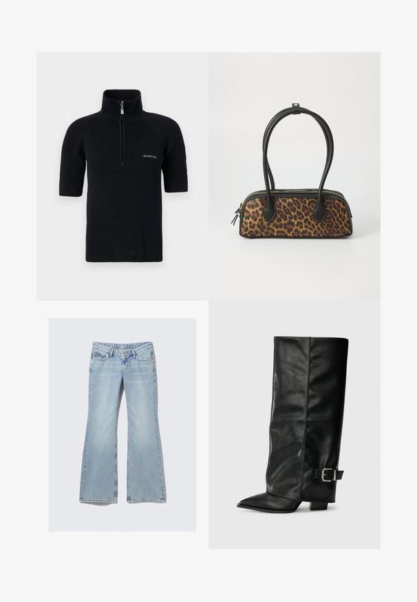Melnas, ribota trikotāžas blūze ar īsām piedurknēm, augstu apkakli un daļēju rāvējslēdzēju. Apakšējā kreisajā stūrī ir logotipa plāksne.; Weekday NOVA - Pieguloša piegriezuma džinsi - lip blue; Melni ādas potītes zābaki ar asu purngalu, gludu virsmu un sudraba sprādzi uz sāniem. Masīvs kvadrātveida papēdis.; Lāču raksta rokassoma ar melnu mākslīgo ādu, divām augšējām rokturēm, zelta rāvējslēdzēju un akcentiem no melnas mākslīgās ādas. Taisnstūra forma.