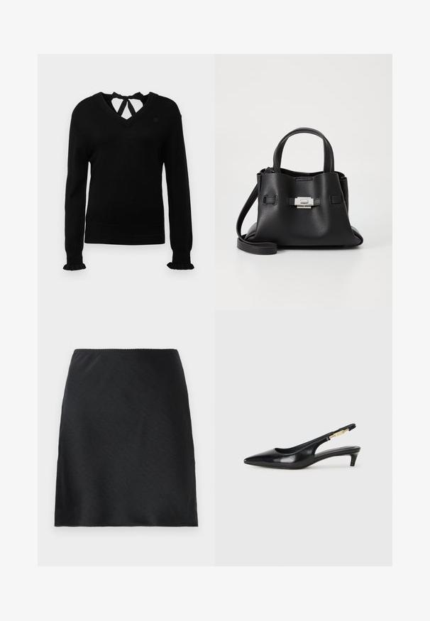 Črn pulover z V-izrezom in detajlom na vezanje na hrbtu. Dolgi rokavi z nabranimi manšetami. Mehak teksturiran material, ožji kroj in subtilen logotip na prsih.; Črna satenska mini krila z gladko teksturo in ravnim robom, prikazana na enotnem belem ozadju.; Črne usnjene sandale na peto z ostro konico, ki imajo tanko peto in zlat ton na nastavljivem traku. Gladka tekstura.; Črna usnjena torbica z teksturirano površino, ki ima dva zgornja ročaja, odstranljiv ramenski trak in podrobnosti z srebrnim zapiranjem.
