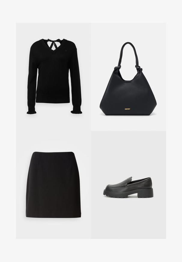 Black sweater with a V-neck and tie-back detail. Long sleeves with ruffled cuffs. Soft texture, slim fit, and subtle logo on chest.; Black skirt with a fitted silhouette, made from a smooth fabric. Features subtle front pleats and a mid-thigh length design.; Black leather loafers with a rounded toe, thick textured sole, and minimal stitching details. Sleek design with no visible laces or hardware.; Black leather tote bag with a textured finish, knotted handle accents, and gold logo detail at the base. Features a slouchy silhouette.