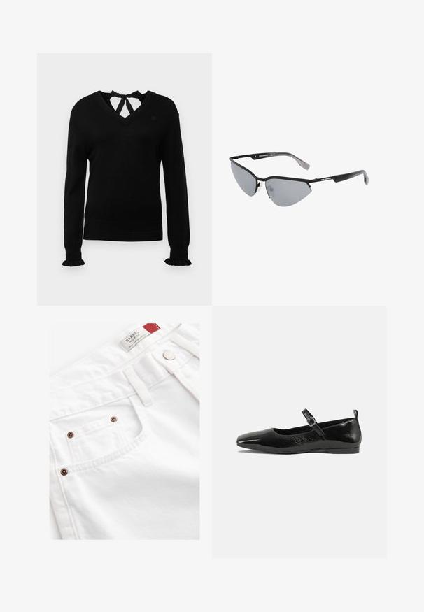 Svart tröja med V-ringning och knytbakdetalj. Långa ärmar med volangmanchetter. Mjuk textur, slim fit och diskret logotyp på bröstet.; Vita denim shorts med medelhög midja, femfickorsdesign och kopparfärgade hårdvarudetaljer. Texturerat tyg med sömnadsdetaljer.; Svarta lackläderslägenheter med spetsig tå, en rem vid ankeln med spänne och en slät, glänsande yta. Låg klack för komfort.; Svarta solglasögon med vinklad, kattögonform. Silverfärgade spegelglas. Tunna, lätta plastbågar med subtil branding på templen.; Silverfärgade metallörhängen med en slät, tårformad design och en polerad yta. Subtila gravyrer tillför detaljer. Minimalistisk design.