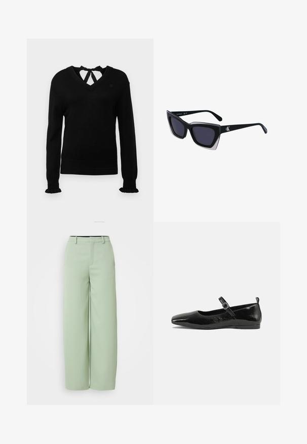 Mustat neuleet, joissa on V-pääntie ja solmittava yksityiskohta. Pitkät hihat, joissa on röyhelöedellä. Pehmeä rakenne, slim fit -leikkaus ja huomaamaton logo rinnassa.; Vaaleanvihreät leveälahkeiset housut, jotka on valmistettu sileästä kankaasta. Ominaisuuksiin kuuluu tasainen etuosa, vyölenkit ja muotoiltu istuvuus ilman näkyvää metalliosaa.; Musta patenttinaahkakenkä litteällä pohjalla, terävä kärki, nilkkahihna soljella ja sileä, kiiltävä pinta. Matala korko mukavuutta varten.; Mustat ylisuuret aurinkolasit, joissa on geometrinen muoto, tummat linssit ja kehykseen erottuva harmaa yksityiskohta. Logo varressa.; Hopea metalliset korvakorut, joissa on sileä, pisaramainen muoto ja kiillotettu pinta. Huomaamattomat kaiverrukset lisäävät yksityiskohtia. Minimalistinen muotoilu.