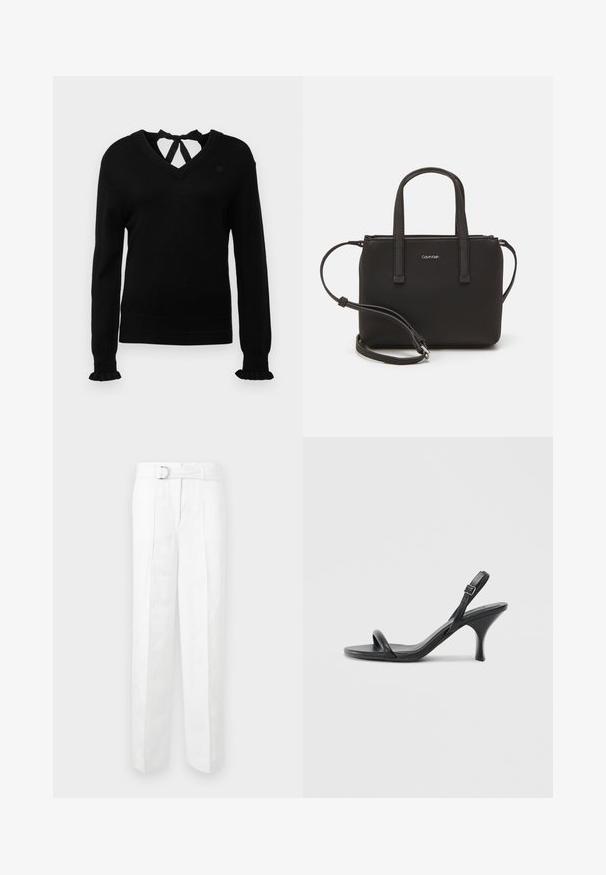 Black sweater with a V-neck and tie-back detail. Long sleeves with ruffled cuffs. Soft texture, slim fit, and subtle logo on chest.; White tailored trousers featuring a wide leg, belt loops, and a belt with a silver buckle. Made from lightweight fabric with a smooth texture.; Black leather high-heeled sandals with a slim, curved heel and a crossed strap design. Adjustable ankle strap. Smooth texture.; Black handbag with dual short handles and a removable shoulder strap. Smooth leather-like material with a zip closure and logo detail.