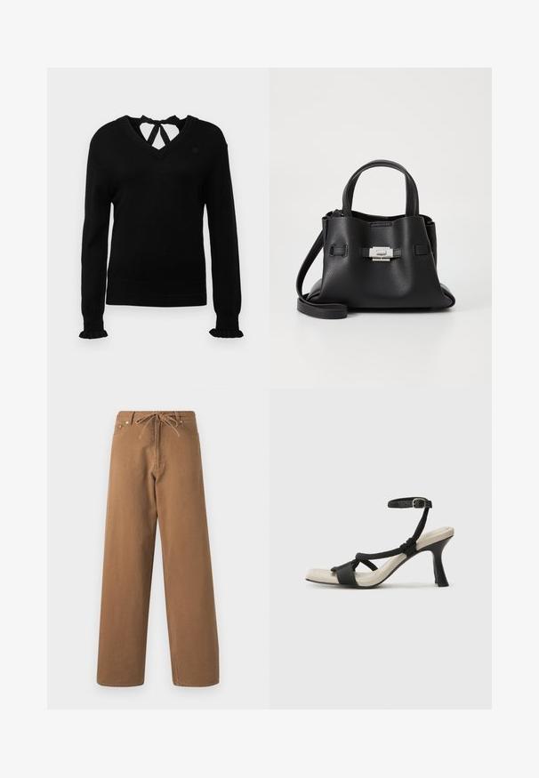 Fekete pulóver V-nyakkal és hátul megkötős részletekkel. Hosszú ujjú, fodros mandzsettával. Puha tapintású, karcsú fazonú, és diszkrét logóval a mellen.; Barna, bő szárú nadrág, pamutból készült, combrészes derékkal és két elülső zsebbel. Texturált anyag, sima felülettel.; Fekete sarkú szandál fonott pánttal, négyzet alakú orral és állítható bokapánttal. Világos bézs talpbetét fényes fekete sarkával.; Fekete bőr kézitáska struktúrált felülettel, két felső fogantyúval, levehető vállpánttal és ezüst színű csattal.