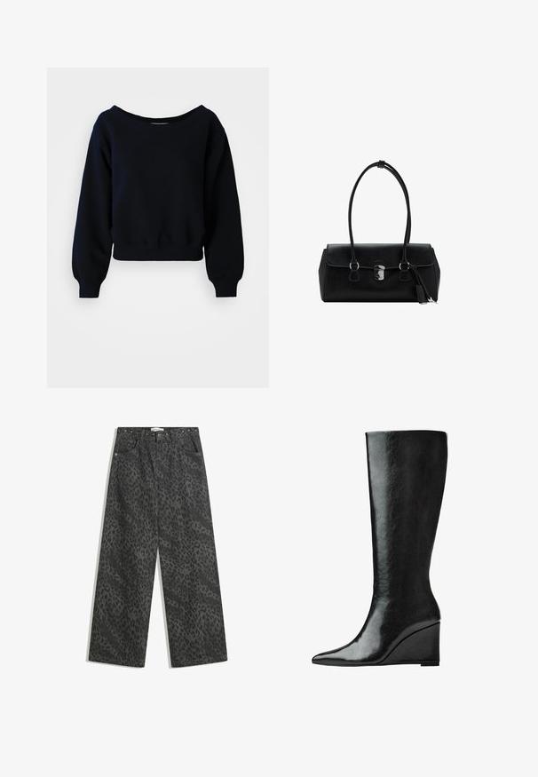 Czarny, długi rękaw, krótki dres z ribbowanymi mankietami, pasem w talii i szerokim dekoltem na białym tle.; Czarne dżinsowe spodnie o szerokich nogawkach z delikatnym wzorem panterki, metalowymi ćwiekami na pasku i klasycznym pięciokomorowym krojem.; Czarne skórzane kozaki sięgające do kolan, z eleganckim, spiczastym noskiem i obcasem w kształcie klina. Powierzchnia jest gładka o błyszczącym wykończeniu.; Czarna skórzana torebka o gładkiej fakturze, usztywnionym fasonie, podwójnych uchwytach i srebrnym zapięciu na środku.