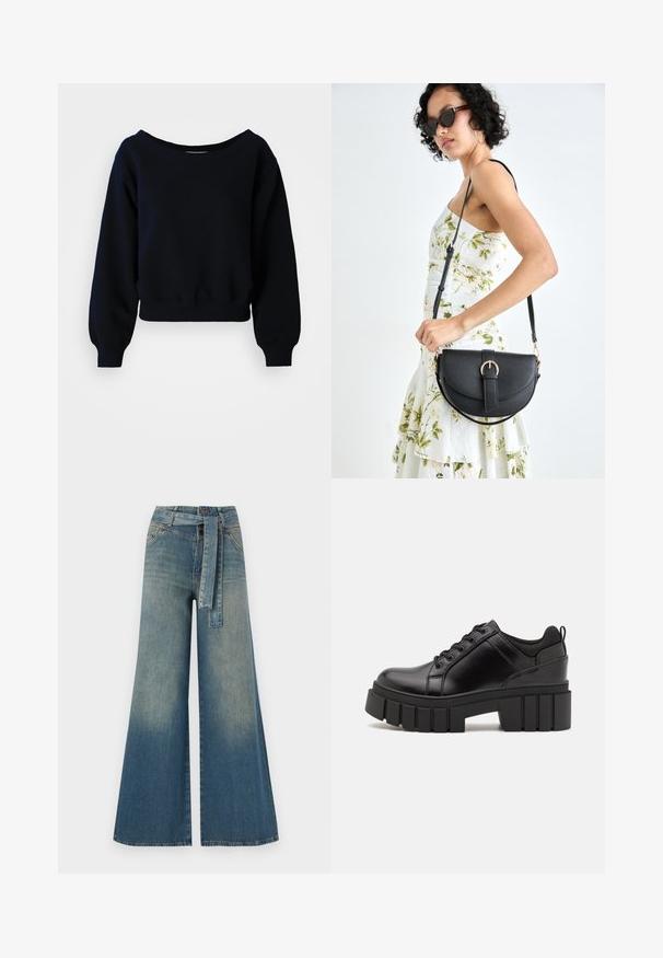 Egyszínű fekete, hosszú ujjú, rövidített pulóver bordázott mandzsettákkal, derékpánttal és széles nyakkivágással, fehér háttéren.; Bőszárú farmernadrág, világos és sötétkék árnyalatokkal, magas derekú, övgyűrűkkel és a nadrággal megegyező anyagú övvel. Textúrált farmer kivitel.; Fekete bőr platform cipők vaskos blokk sarkakkal, kerek orral és hagyományos fűzős kialakítással. Simára csiszolt felület és minimális részletezés jellemzi.; Fekete bőrtáska ívelt formával, levehető pánttal és arany színű fémrészekkel. A táskán egy csattal díszített fedél található.