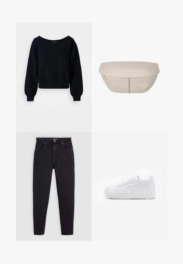 Effen zwarte cropped sweatshirt met lange mouwen, met geribbelde manchetten, tailleband en een brede halslijn op een witte achtergrond.; Zwarte slim-fit jeans met knoop- en ritssluiting, vijf-vakken ontwerp en ceintuurlussen op een lichtgrijze achtergrond.; Witte platform sneakers met een gladde leertextuur, geperforeerde details en platte veters; voorzien van een dikke witte rubberen zool.; Beige stoffen zakje met een afgeronde vorm, voorzien van een platte bovenkant en subtiele naaddetails. Inclusief een minimalistisch logo en een zijstrap.
